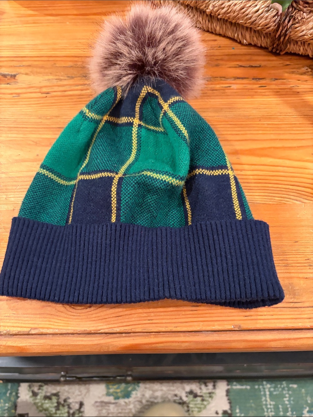 Rachel Zoe Navy and Green Plaid Pom Beanie